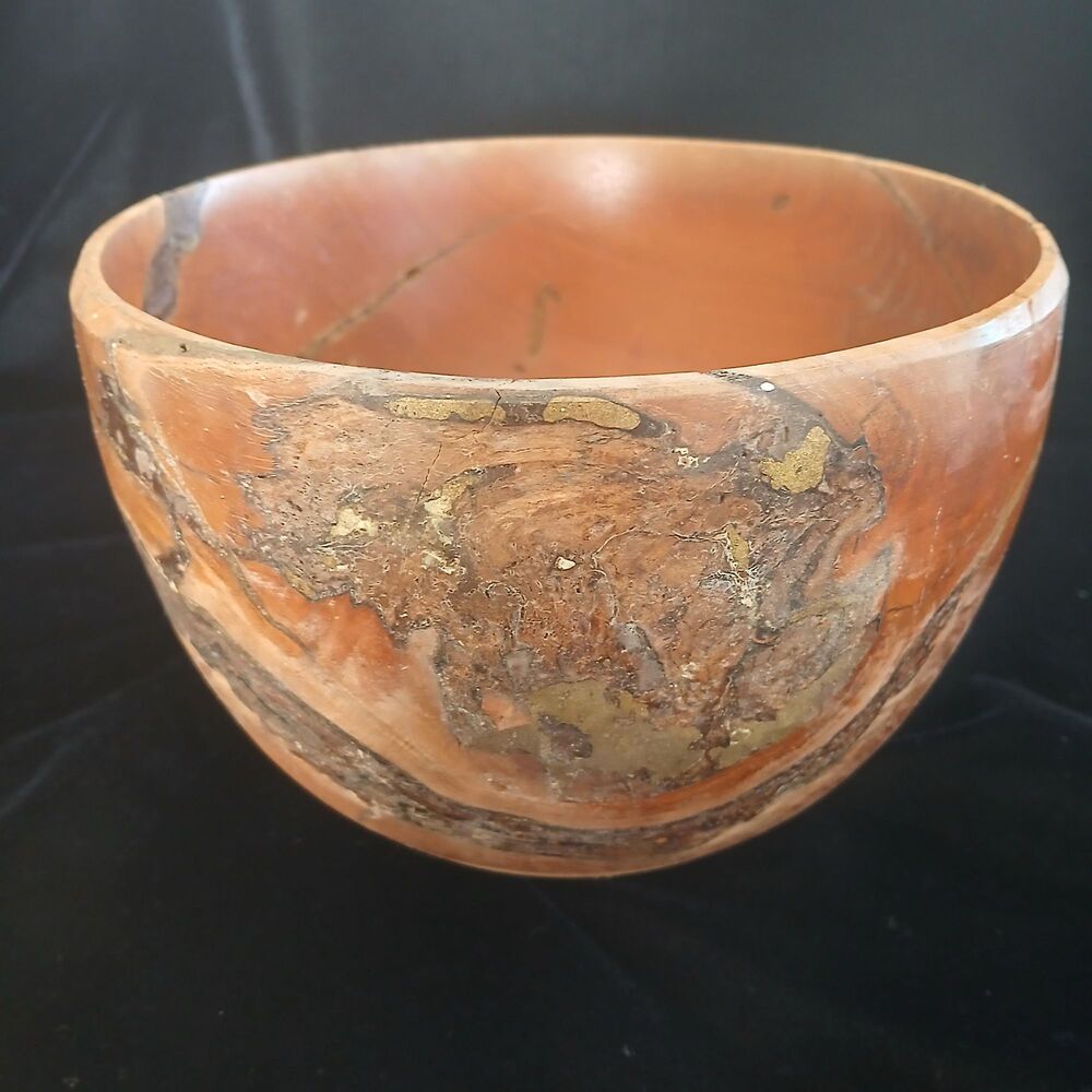 Hand Turned Burl Wood Bowl Brass Inlay Signed Artisan Rustic Studio Art